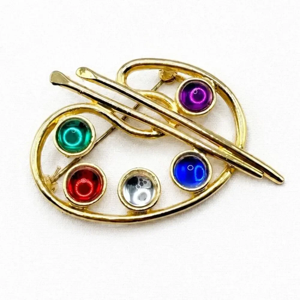Vintage MJENT VTG Jeweled Gold Tone Artist's Paint Brush Palette Pin Brooch